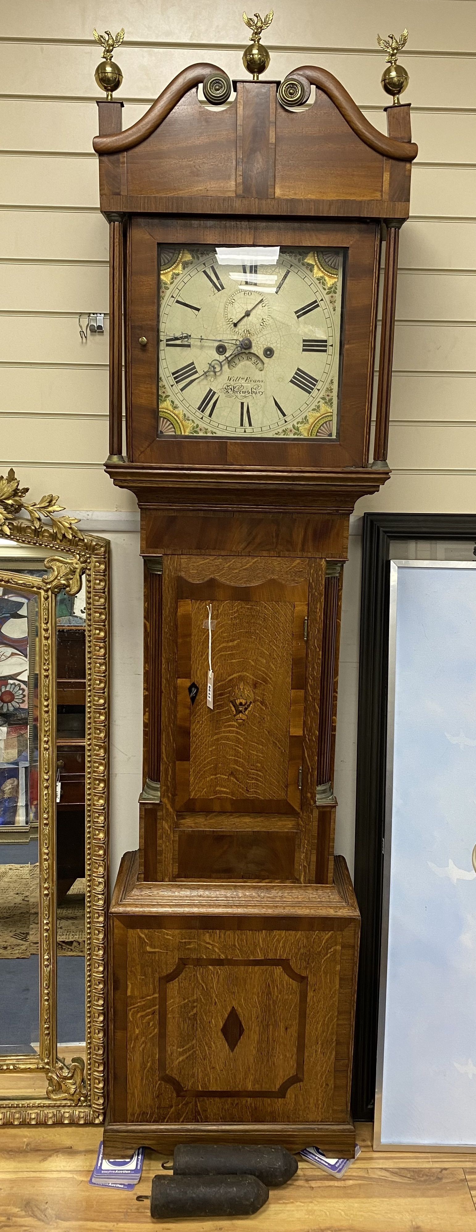 A George III mahogany banded 8-day oak longcase clock, marked William Evans of Shrewsbury, height 216cm